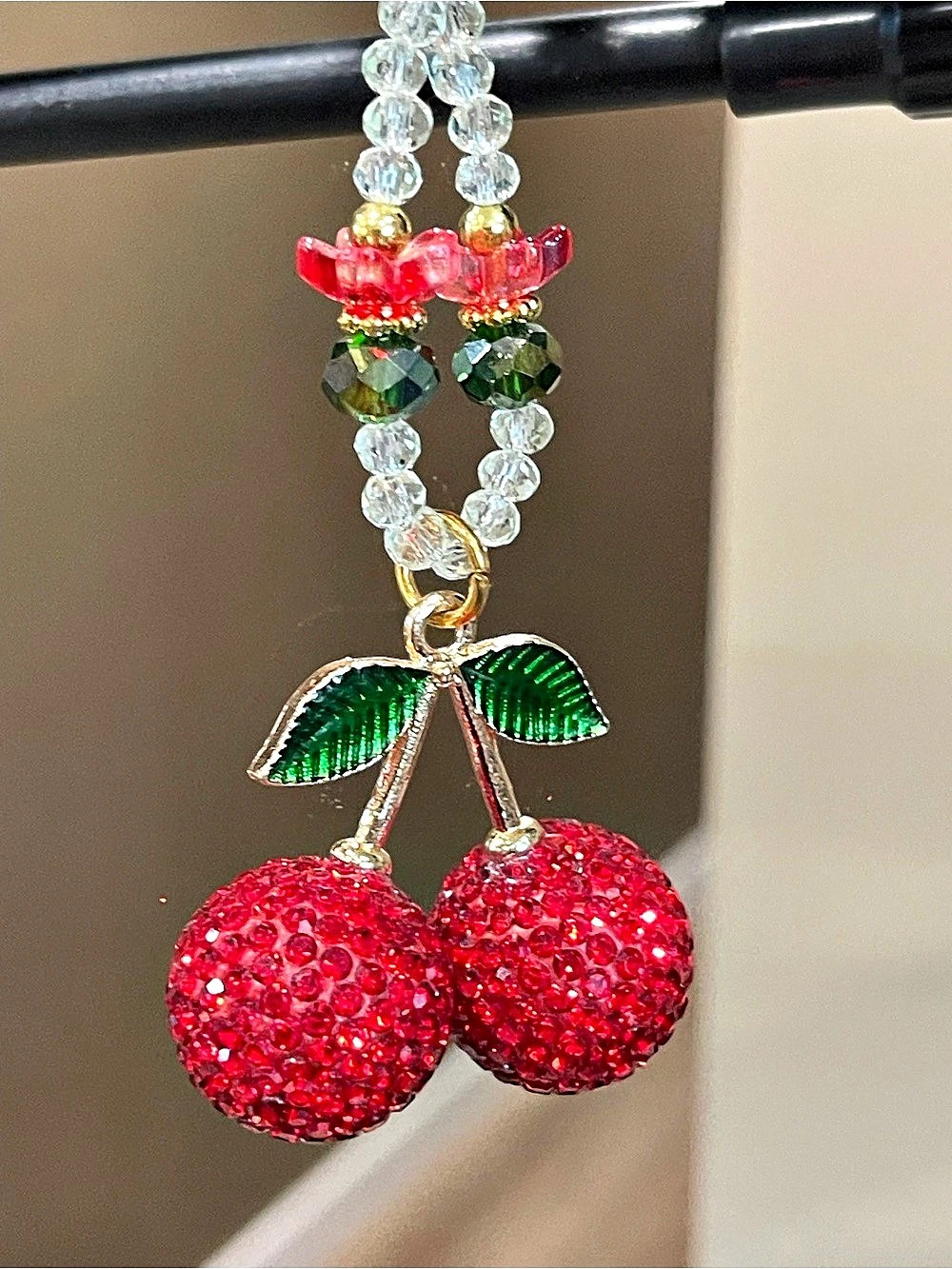 Purse charm Beaded Cherry Bracelet in Red & Green